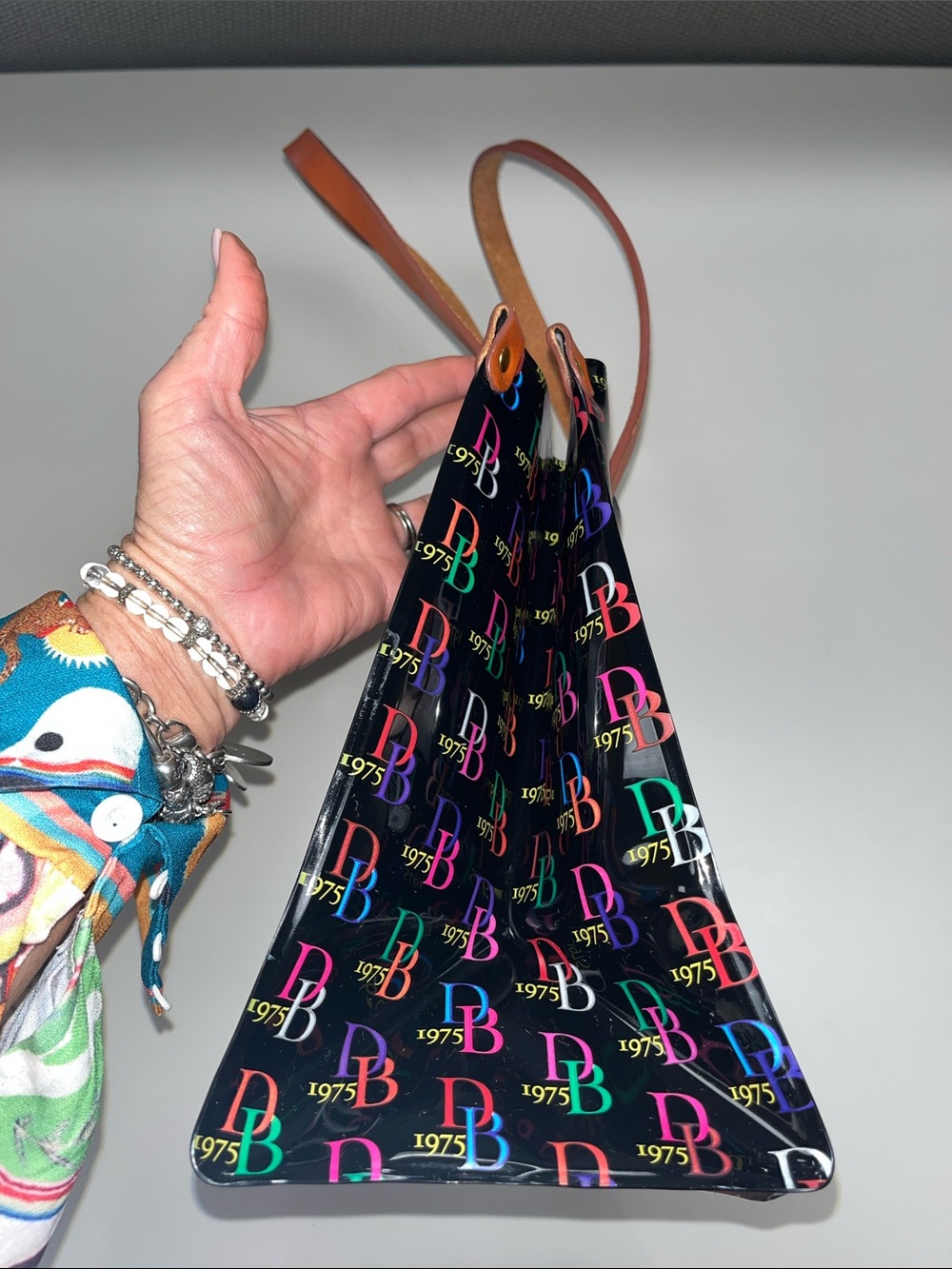 Dooney & Bourke Black Patent Tote with Multicolor DB Logo and Tan Straps - Picture 5 of 10
